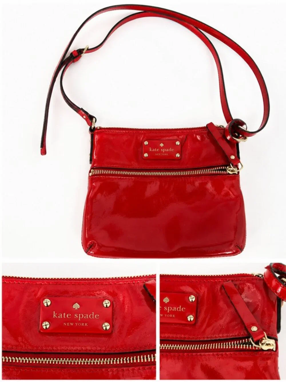 Kate Spade New York Red Patent Leather Crossbody Bag | Gold Hardware | Polka Dot
